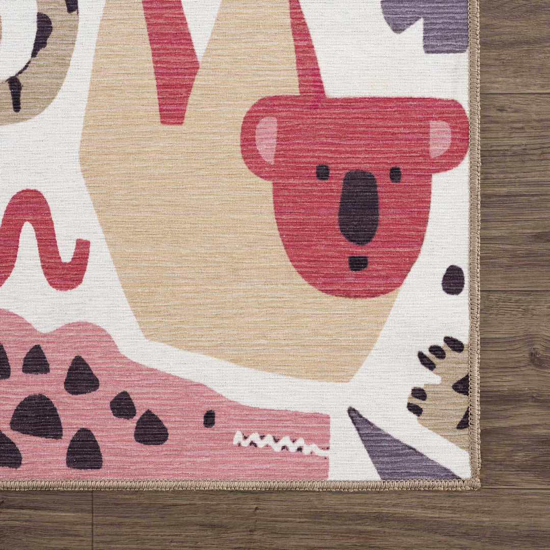 Ivory, Pink, Beige and Tan Beautiful Animal Printed Washable Kids Rug - The Rug Decor