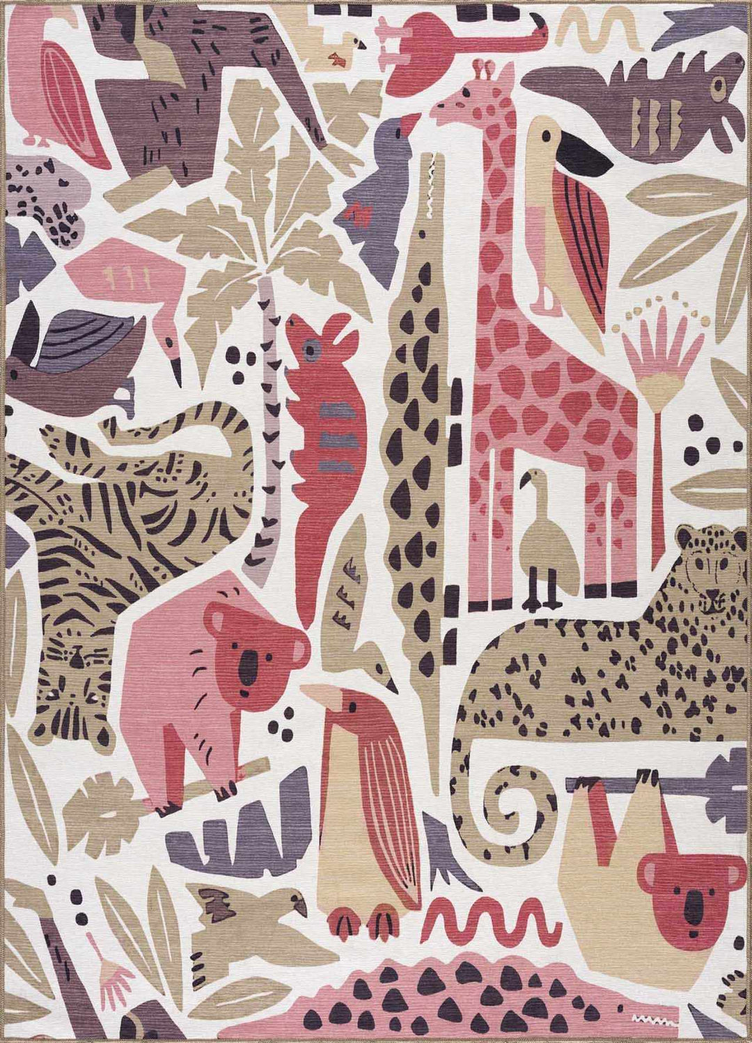 Ivory, Pink, Beige and Tan Beautiful Animal Printed Washable Kids Rug - The Rug Decor
