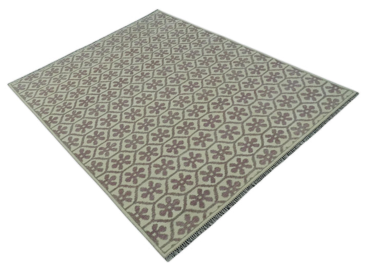 Ivory, Purple and Gray Hand Knotted Geometrical Floral 8x10 wool Area Rug - The Rug Decor