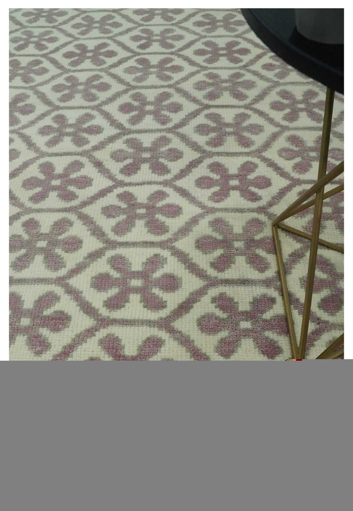 Ivory, Purple and Gray Hand Knotted Geometrical Floral 8x10 wool Area Rug - The Rug Decor