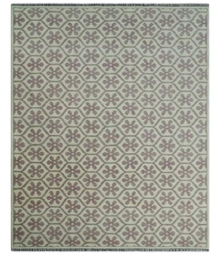 Ivory, Purple and Gray Hand Knotted Geometrical Floral 8x10 wool Area Rug - The Rug Decor