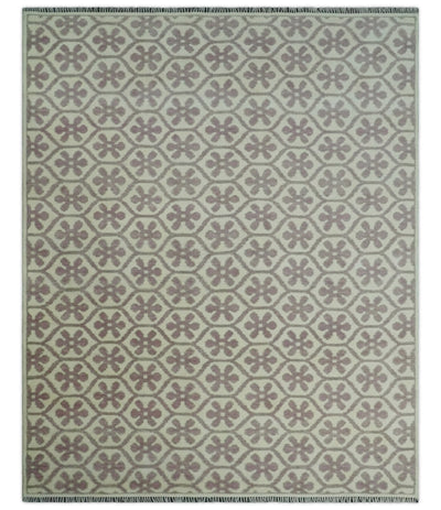 Ivory, Purple and Gray Hand Knotted Geometrical Floral 8x10 wool Area Rug - The Rug Decor