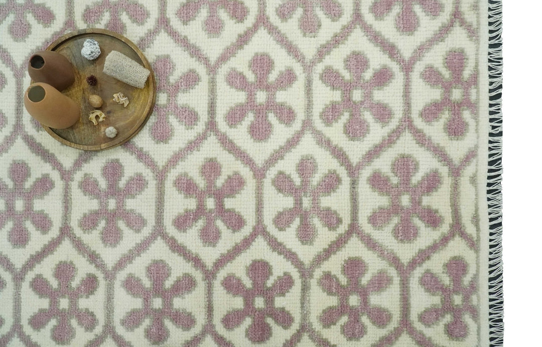 Ivory, Purple and Gray Hand Knotted Geometrical Floral 8x10 wool Area Rug - The Rug Decor