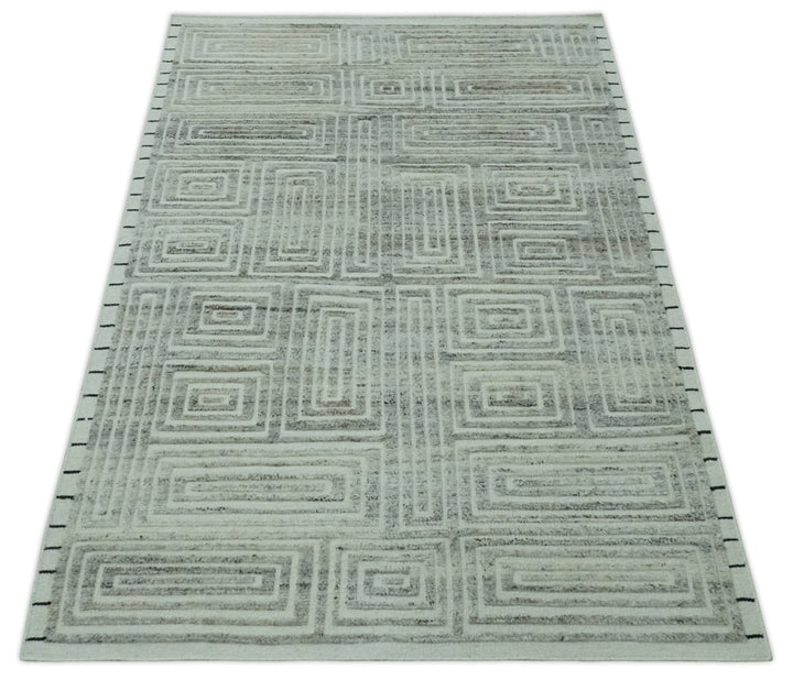 Ivory, Silver and Charcoal Modern Geometrical Puzzle Design hand knotted 5x8 wool Area Rug - The Rug Decor