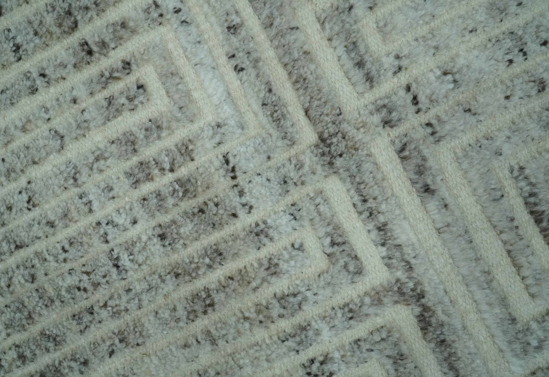 Ivory, Silver and Charcoal Modern Geometrical Puzzle Design hand knotted 5x8 wool Area Rug - The Rug Decor