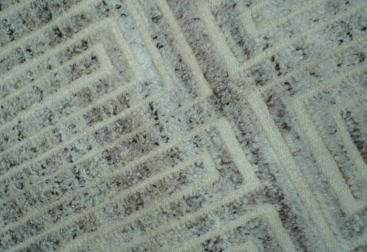 Ivory, Silver and Charcoal Modern Geometrical Puzzle Design hand knotted 5x8 wool Area Rug - The Rug Decor