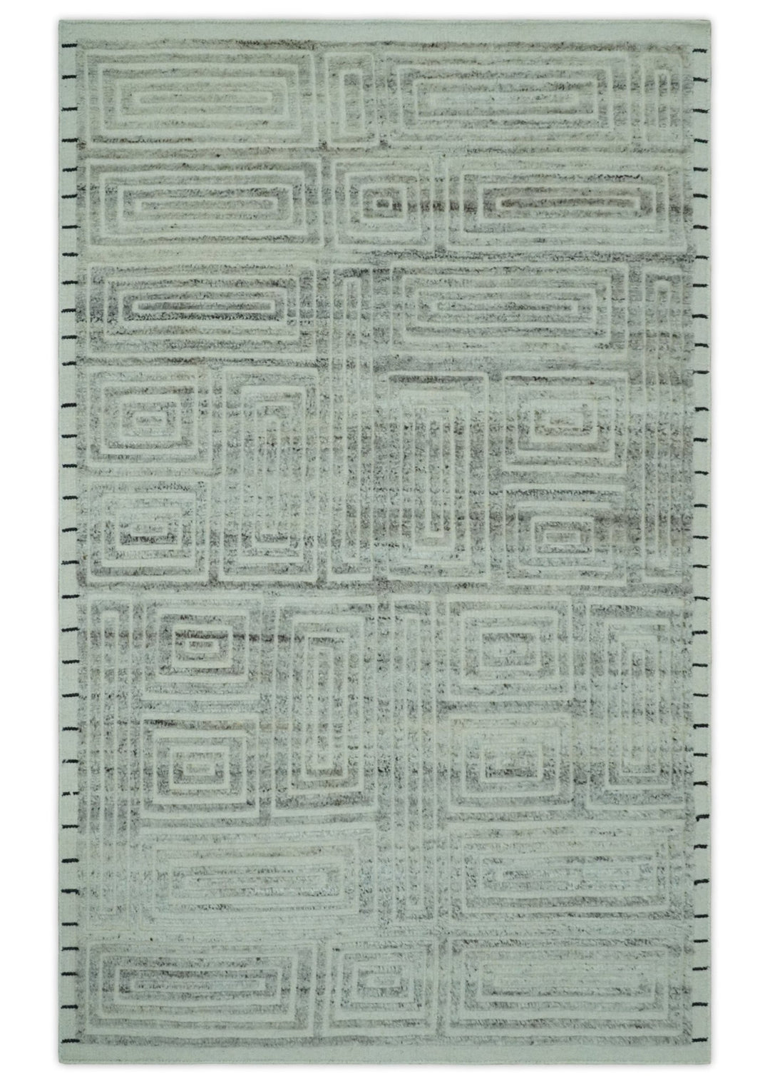 Ivory, Silver and Charcoal Modern Geometrical Puzzle Design hand knotted 5x8 wool Area Rug - The Rug Decor