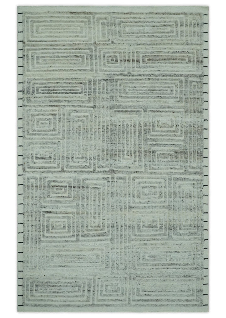 Ivory, Silver and Charcoal Modern Geometrical Puzzle Design hand knotted 5x8 wool Area Rug - The Rug Decor