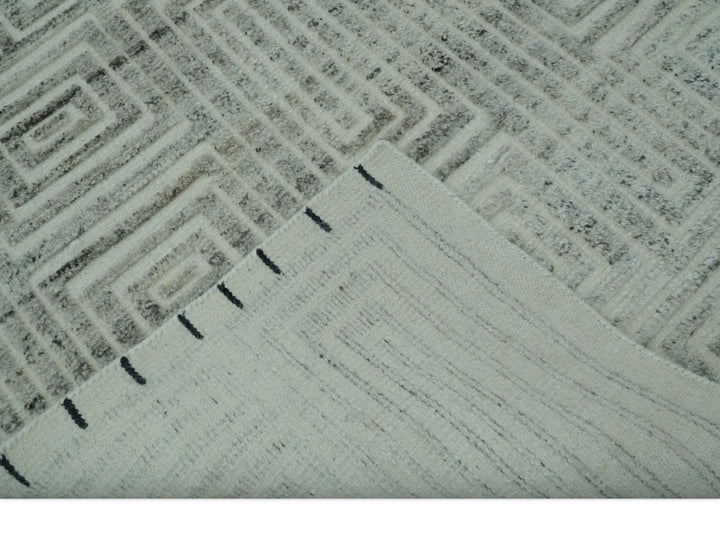 Ivory, Silver and Charcoal Modern Geometrical Puzzle Design hand knotted Custom Made wool Area Rug - The Rug Decor