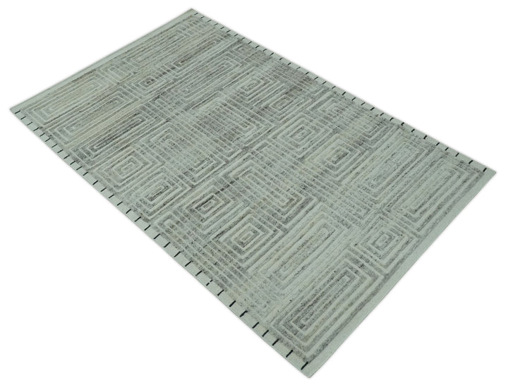 Ivory, Silver and Charcoal Modern Geometrical Puzzle Design hand knotted Custom Made wool Area Rug - The Rug Decor