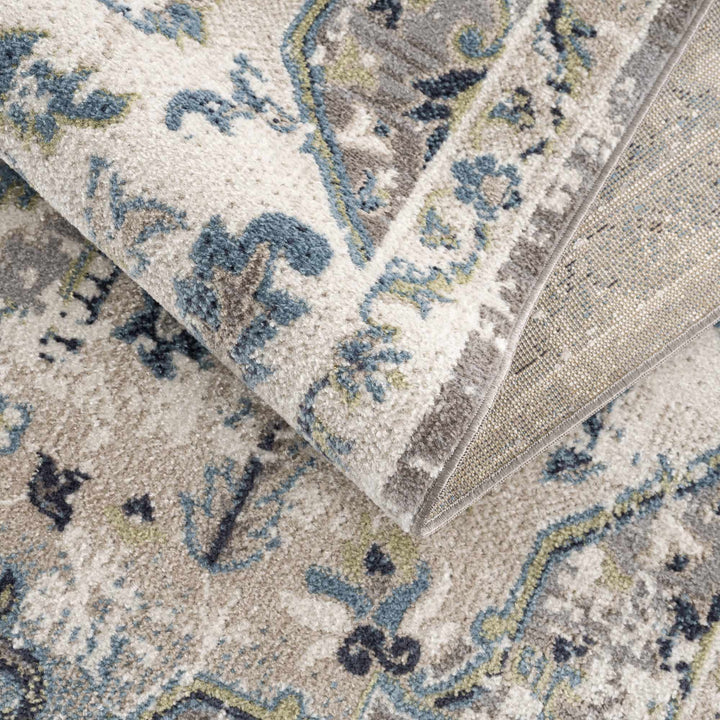 Ivory, Teal, Gray and Charcoal Traditional Transitional Design Washable Area Rug - The Rug Decor