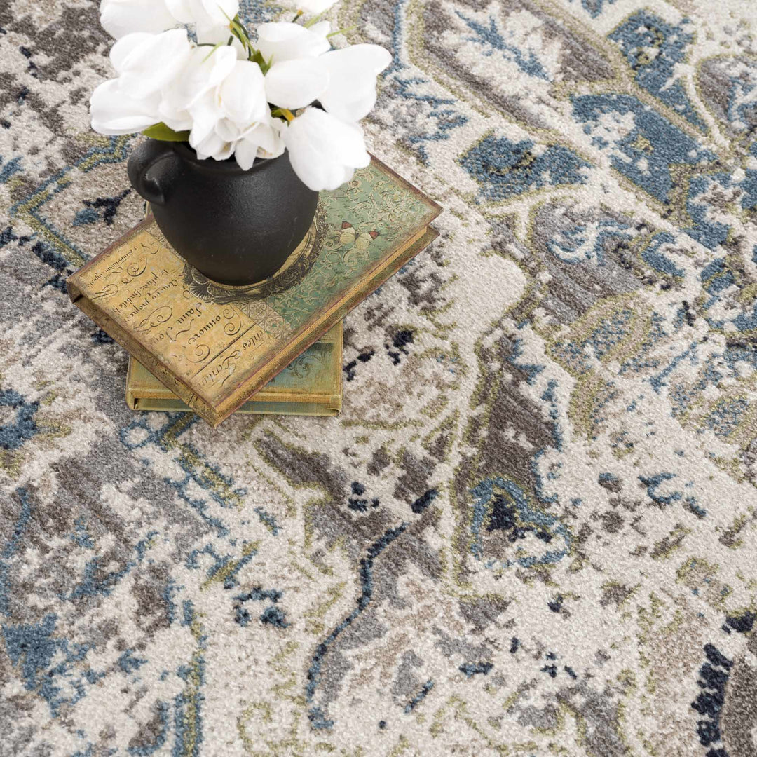 Ivory, Teal, Gray and Charcoal Traditional Transitional Design Washable Area Rug - The Rug Decor