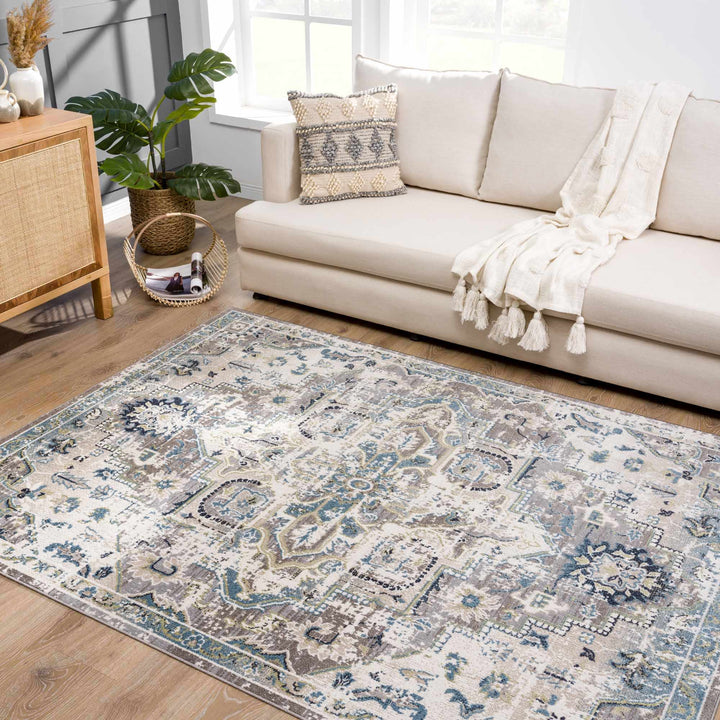 Ivory, Teal, Gray and Charcoal Traditional Transitional Design Washable Area Rug - The Rug Decor