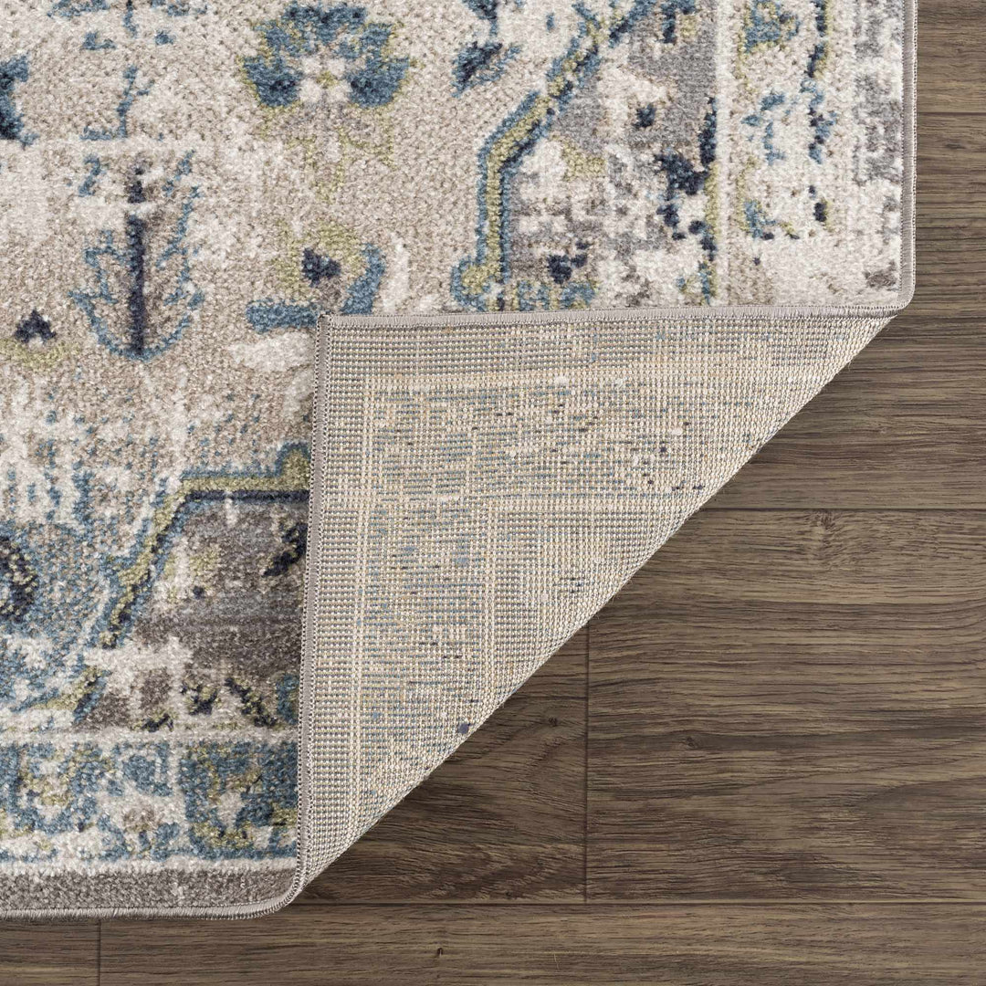 Ivory, Teal, Gray and Charcoal Traditional Transitional Design Washable Area Rug - The Rug Decor