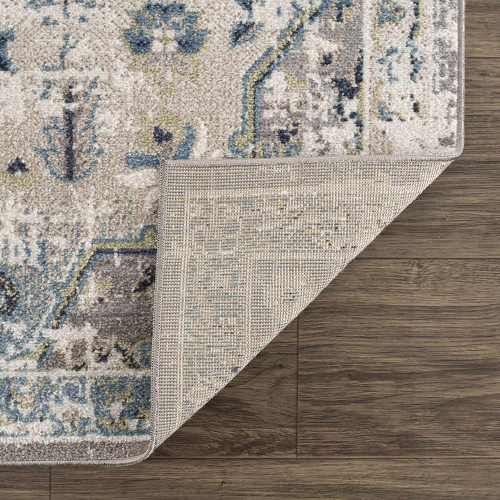 Ivory, Teal, Gray and Charcoal Traditional Transitional Design Washable Area Rug - The Rug Decor
