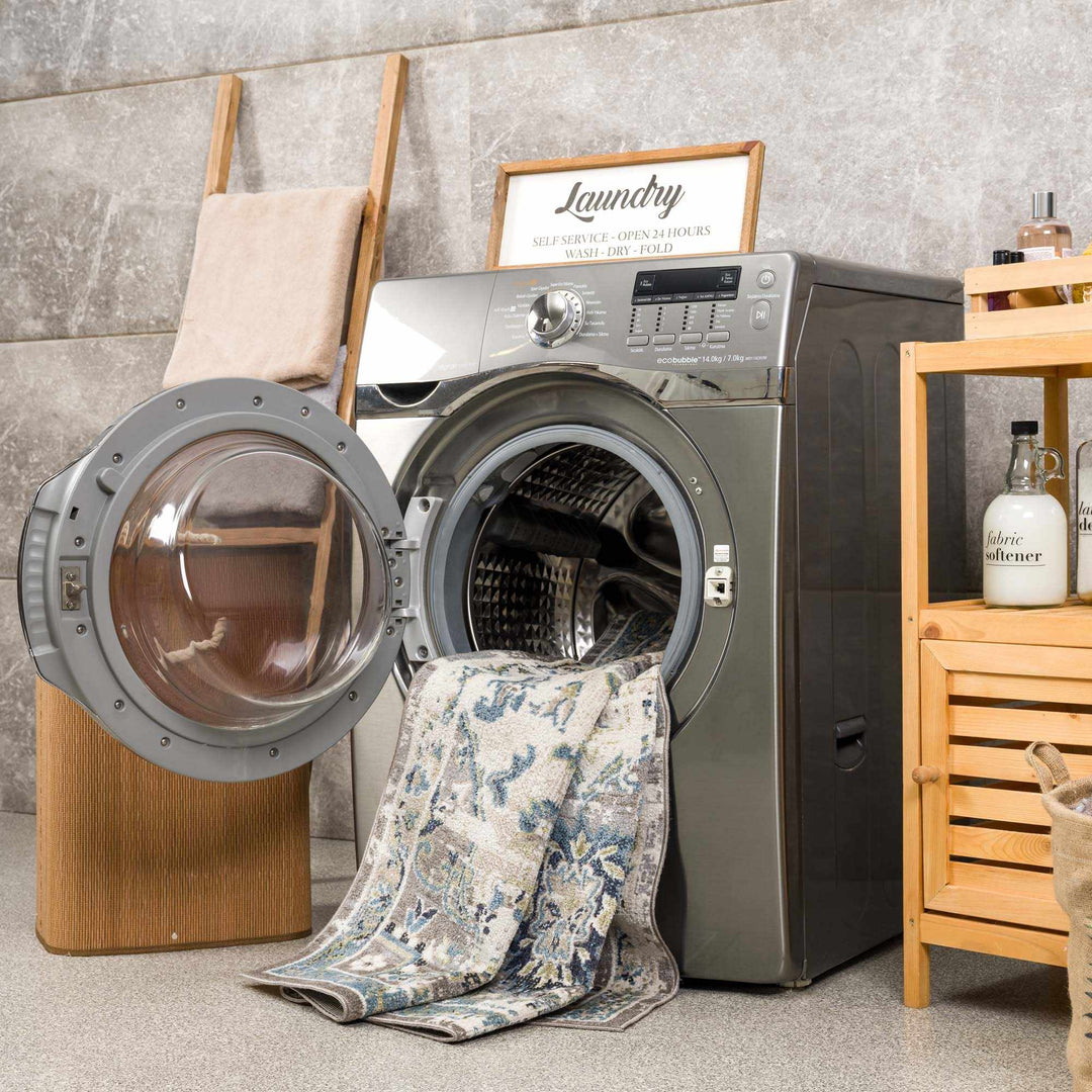 Ivory, Teal, Gray and Charcoal Traditional Transitional Design Washable Area Rug - The Rug Decor