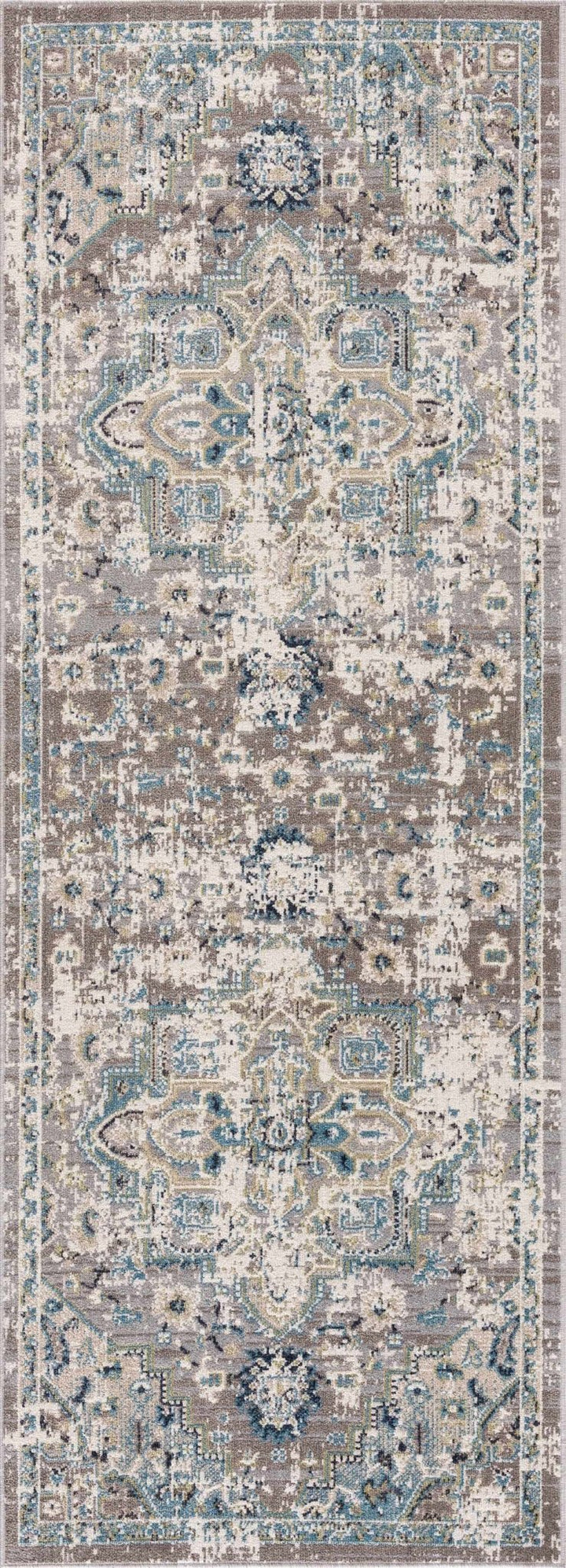 Ivory, Teal, Gray and Charcoal Traditional Transitional Design Washable Area Rug - The Rug Decor