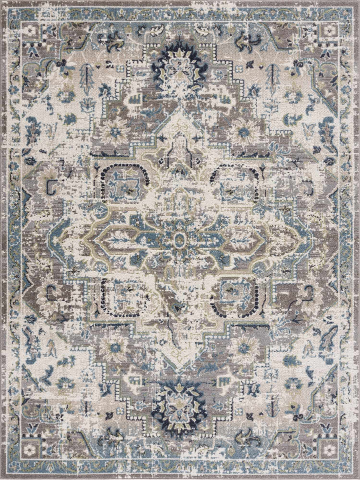 Ivory, Teal, Gray and Charcoal Traditional Transitional Design Washable Area Rug - The Rug Decor