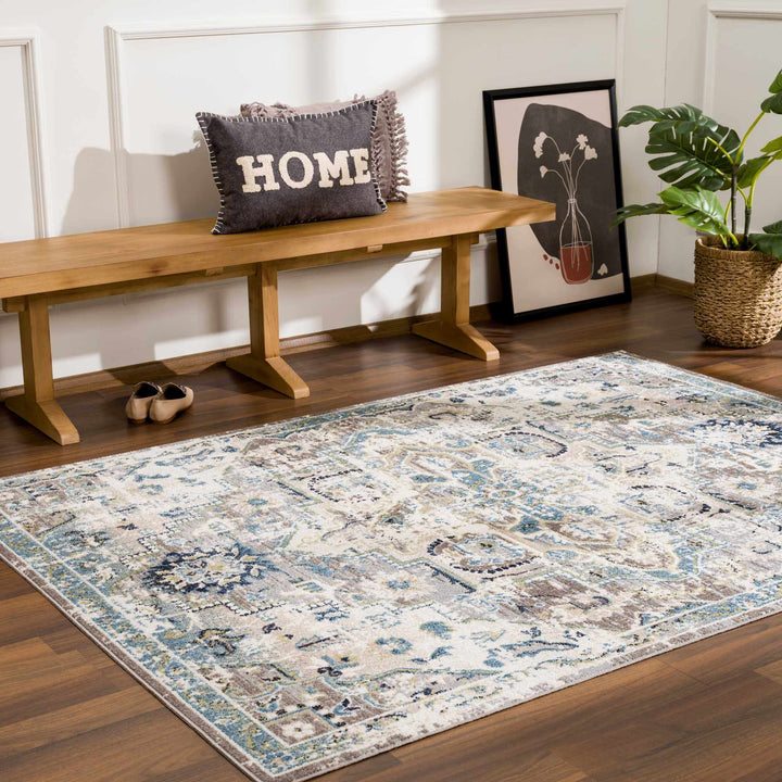 Ivory, Teal, Gray and Charcoal Traditional Transitional Design Washable Area Rug - The Rug Decor