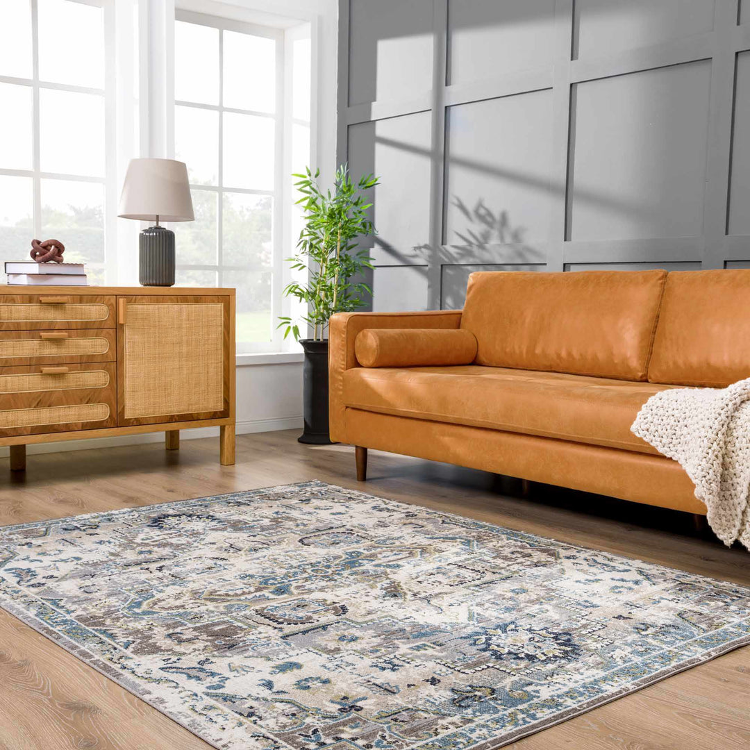 Ivory, Teal, Gray and Charcoal Traditional Transitional Design Washable Area Rug - The Rug Decor