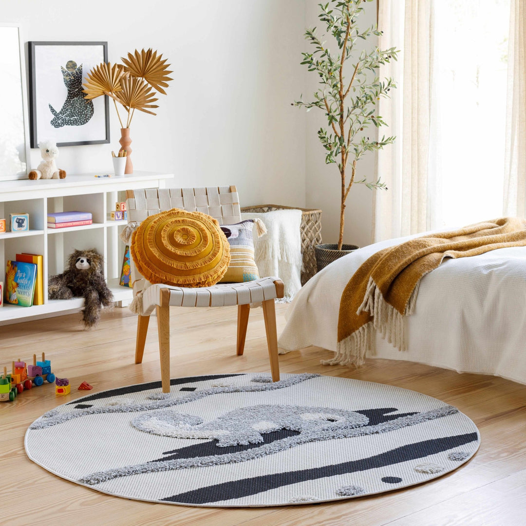 Kids Dinosaur Beige, Gray and Black high low Texture Round Outdoor safe Area Rug - The Rug Decor