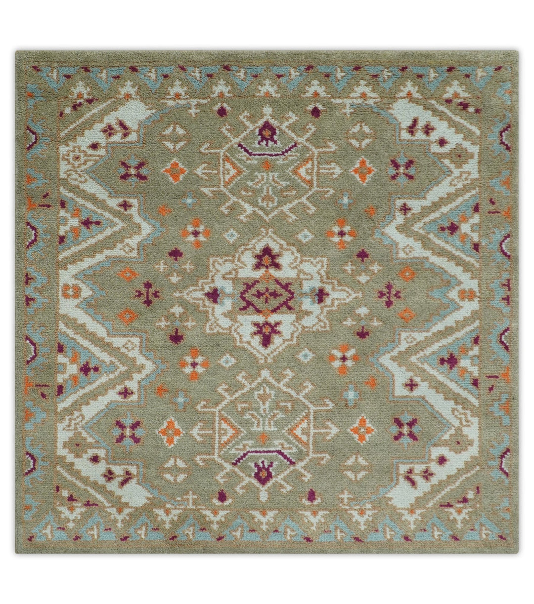 Light Green, Ivory and Maroon Traditional Hand knotted Custom Made wool Area Rug - The Rug Decor