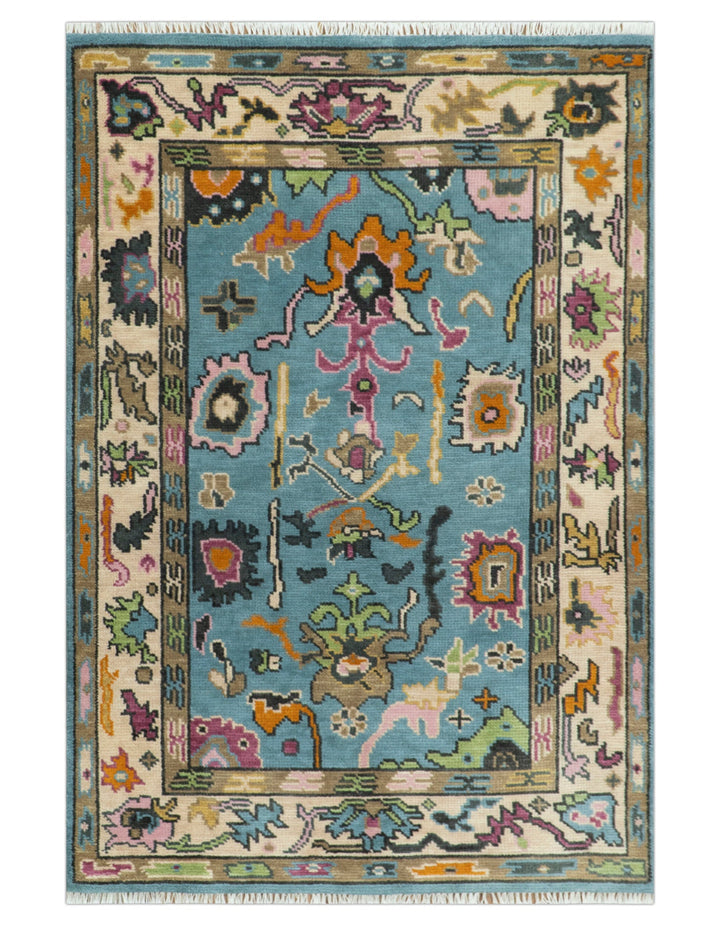 Made to Order Traditional Blue and Ivory Vibrant colorful Hand knotted Oushak wool area rug - The Rug Decor