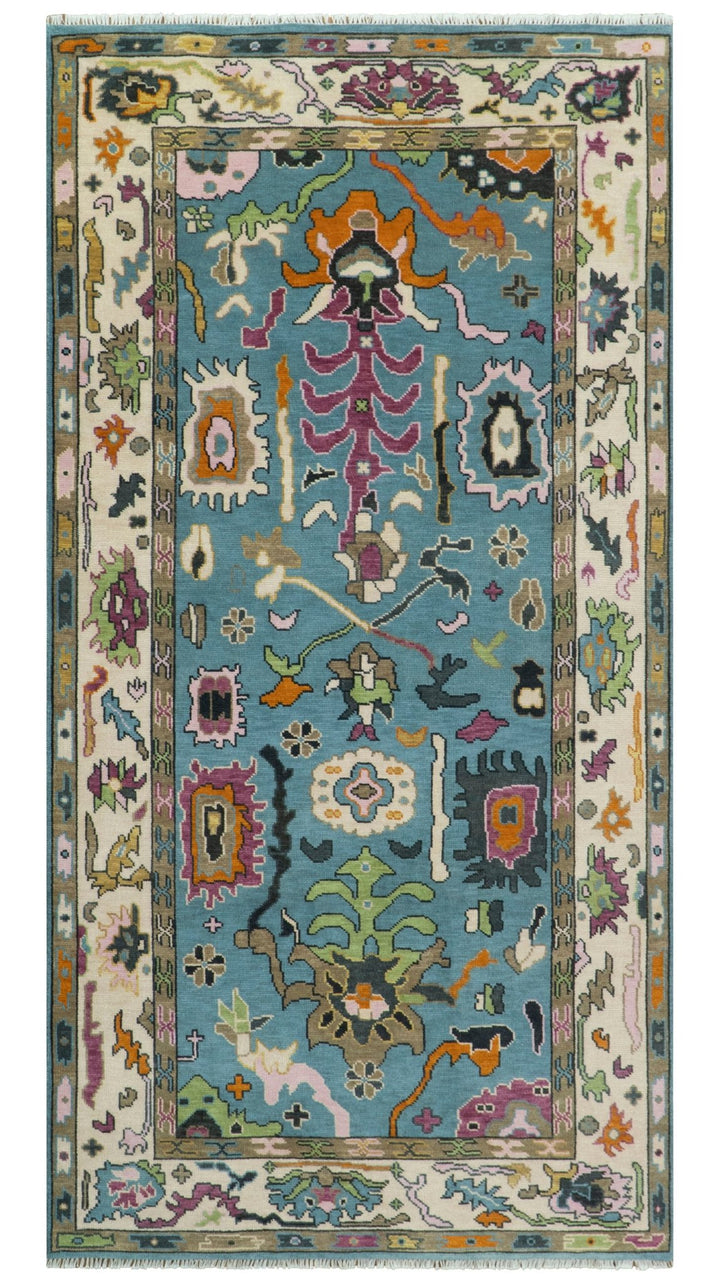 Made to Order Traditional Blue and Ivory Vibrant colorful Hand knotted Oushak wool area rug - The Rug Decor