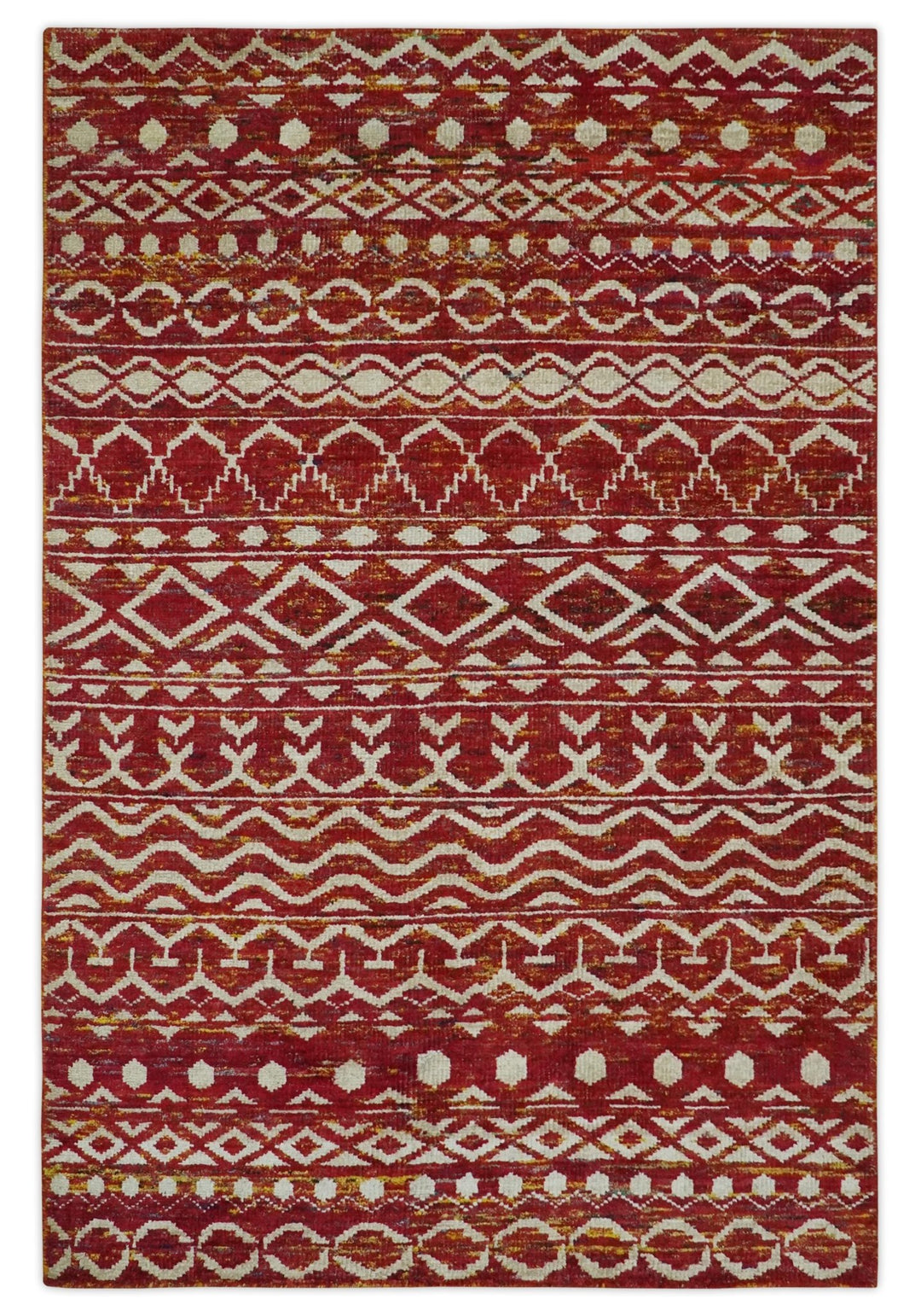 Maroon and Ivory 5.6x8.6 Hand Knotted Southwestern Tribal Trellis Recycled Silk Rug - The Rug Decor