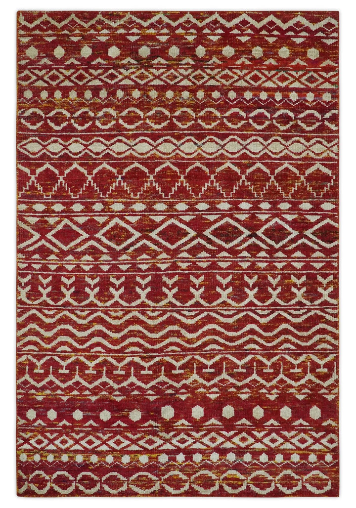 Maroon and Ivory 5.6x8.6 Hand Knotted Southwestern Tribal Trellis Recycled Silk Rug - The Rug Decor