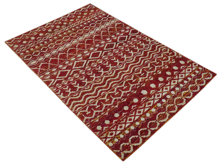Maroon and Ivory 5.6x8.6 Hand Knotted Southwestern Tribal Trellis Recycled Silk Rug - The Rug Decor