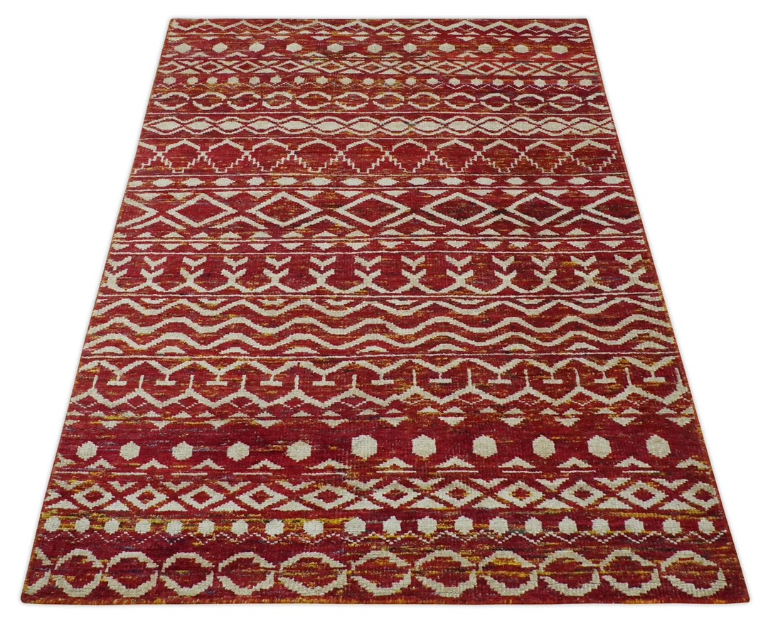 Maroon and Ivory 5.6x8.6 Hand Knotted Southwestern Tribal Trellis Recycled Silk Rug - The Rug Decor