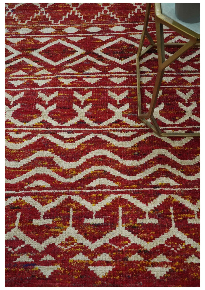 Maroon and Ivory 5.6x8.6 Hand Knotted Southwestern Tribal Trellis Recycled Silk Rug - The Rug Decor