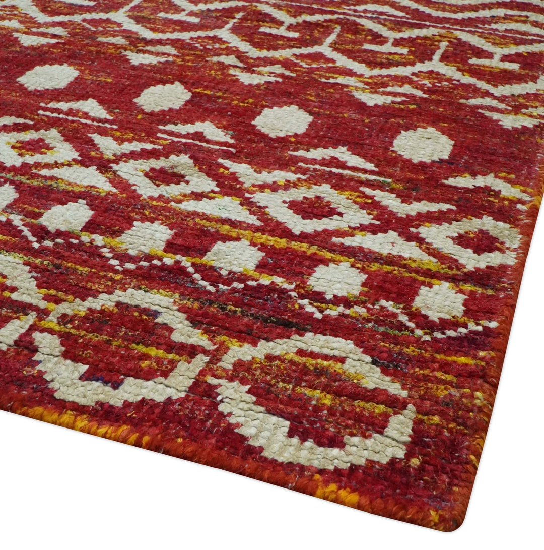 Maroon and Ivory 5.6x8.6 Hand Knotted Southwestern Tribal Trellis Recycled Silk Rug - The Rug Decor