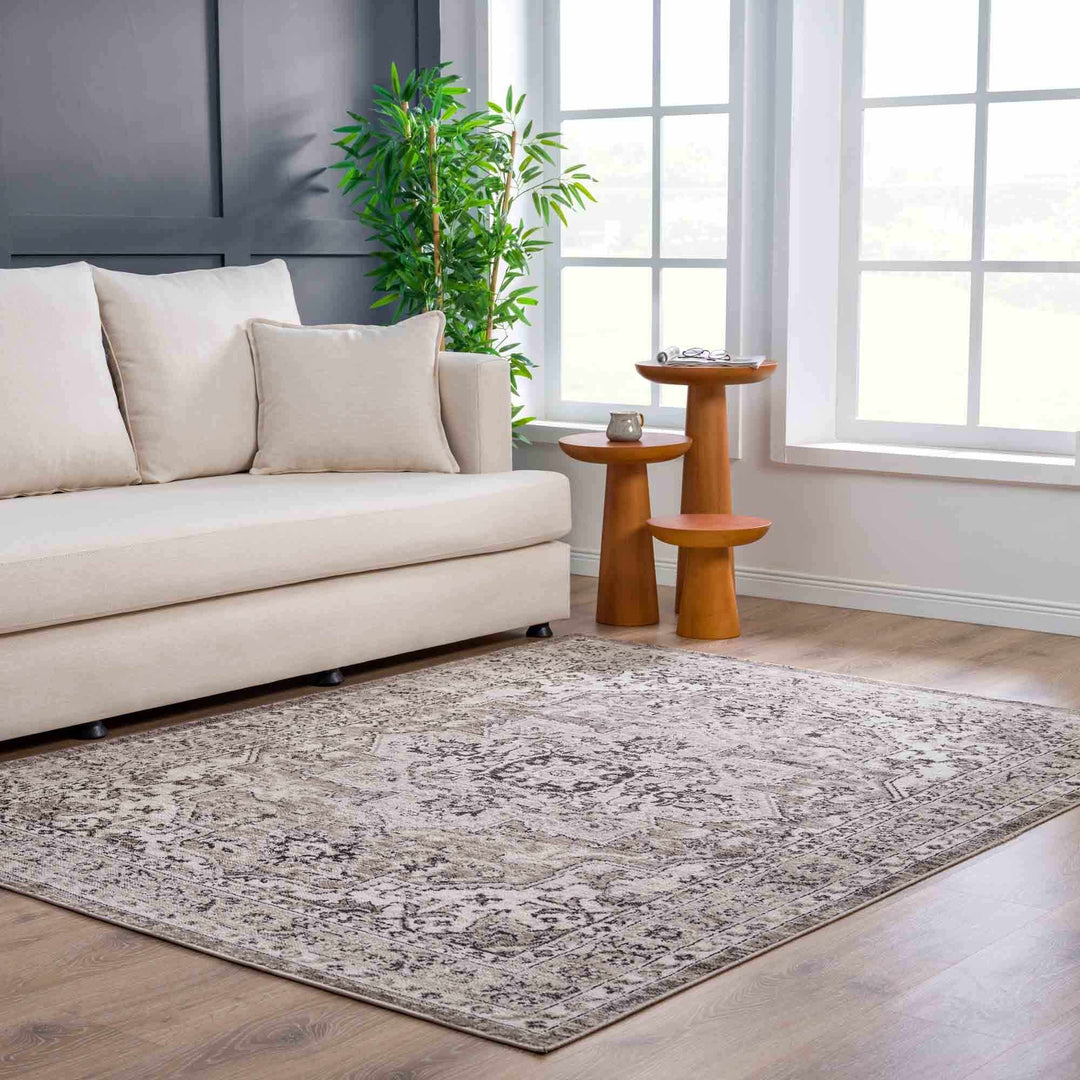 Medallion Light Pink, Ivory and Charcoal Traditional Heriz design Area Rug - The Rug Decor