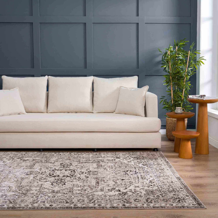 Medallion Light Pink, Ivory and Charcoal Traditional Heriz design Area Rug - The Rug Decor