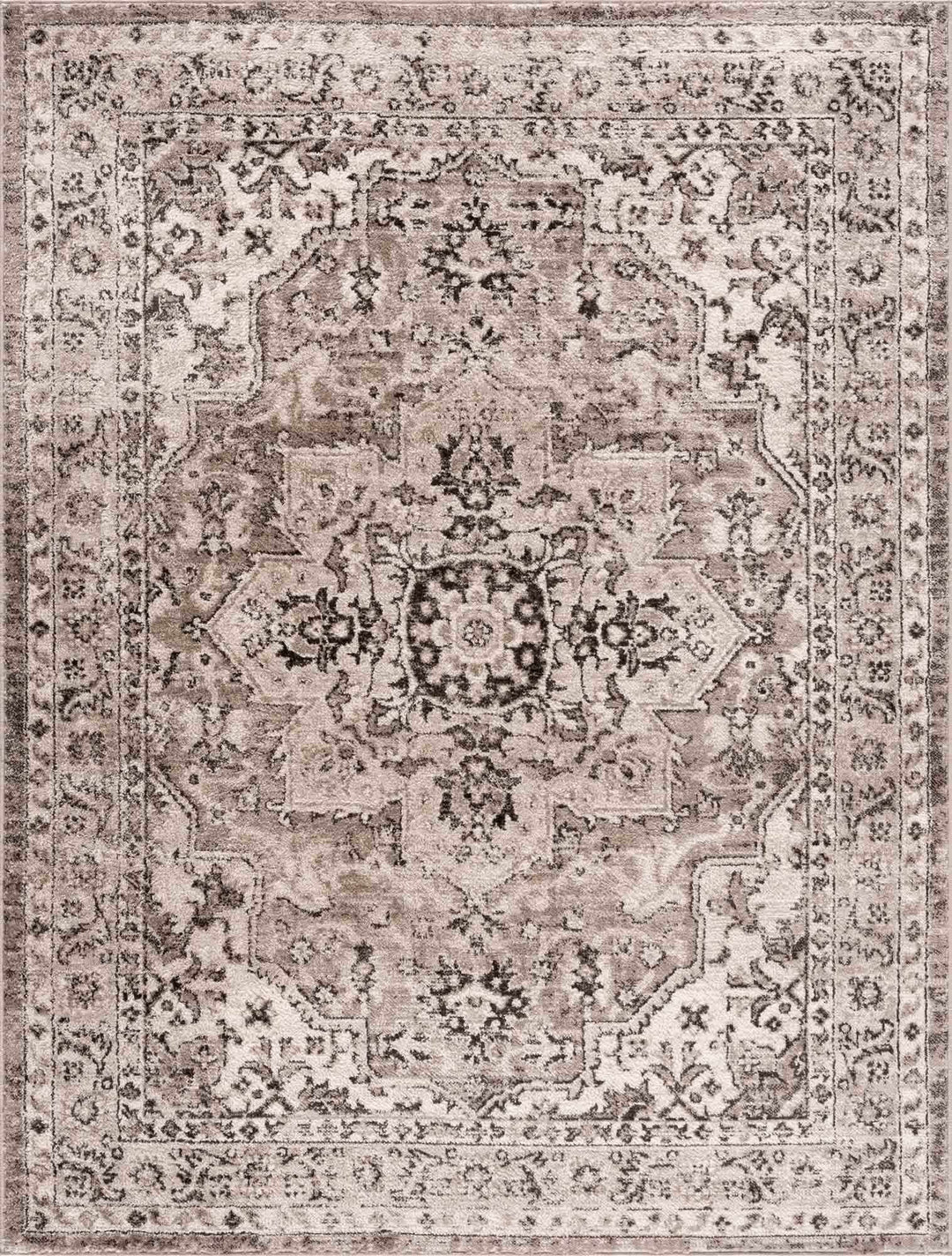 Medallion Light Pink, Ivory and Charcoal Traditional Heriz design Area Rug - The Rug Decor