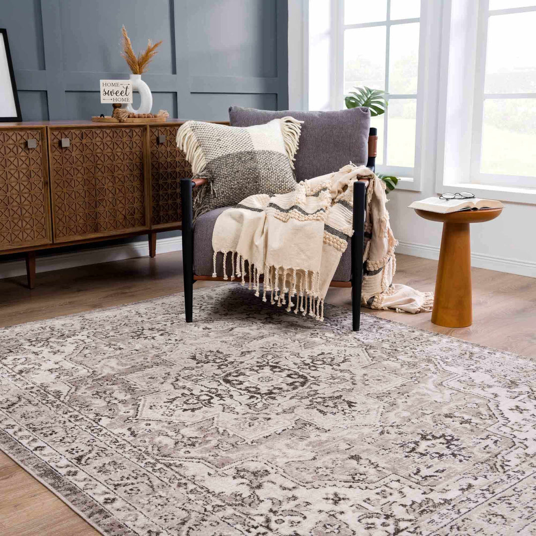 Medallion Light Pink, Ivory and Charcoal Traditional Heriz design Area Rug - The Rug Decor