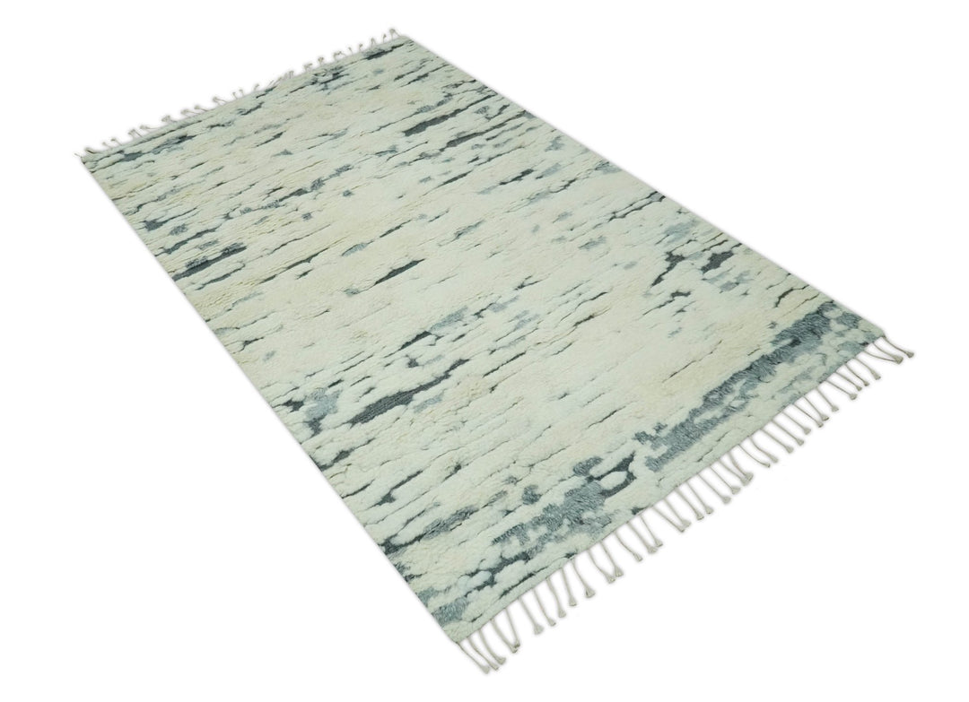 Modern Abstract Beige and Gray Hand Knotted Moroccan Style Plush Pile 5x8 wool Rug - The Rug Decor