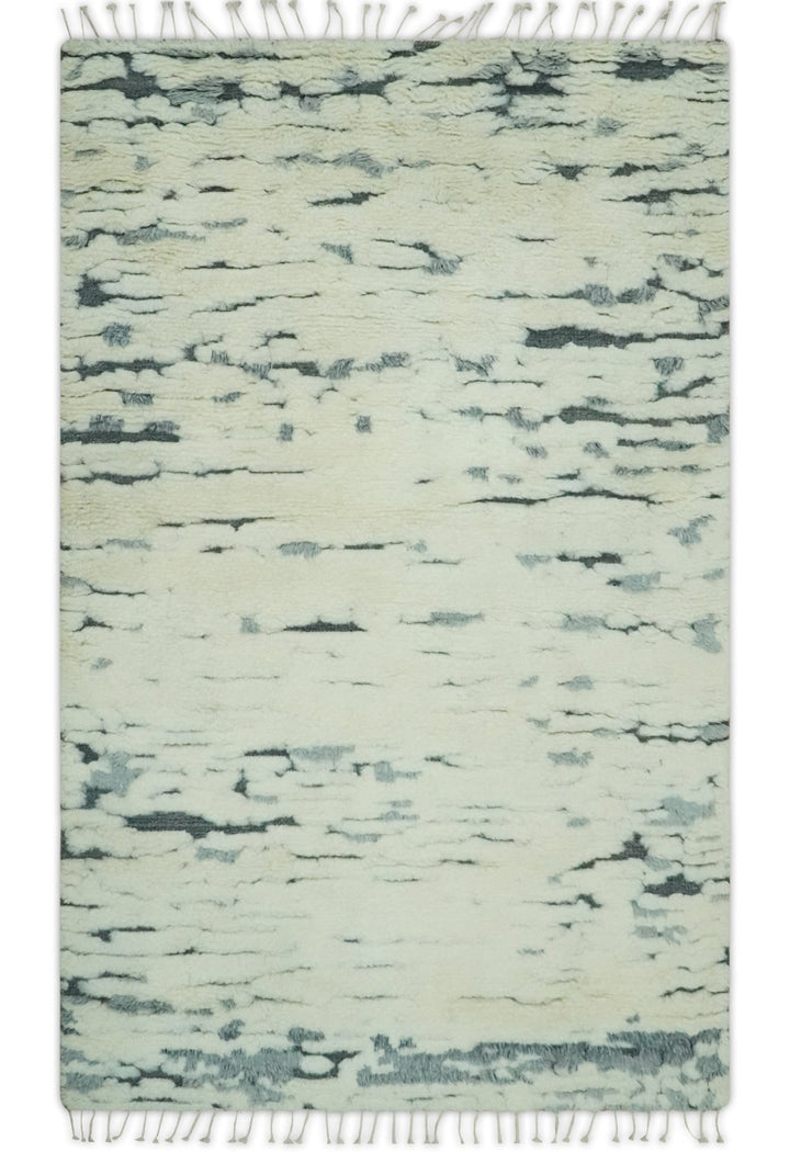 Modern Abstract Beige and Gray Hand Knotted Moroccan Style Plush Pile 5x8 wool Rug - The Rug Decor