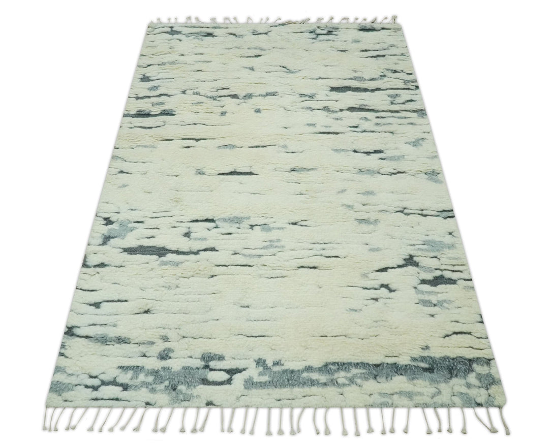 Modern Abstract Beige and Gray Hand Knotted Moroccan Style Plush Pile 5x8 wool Rug - The Rug Decor