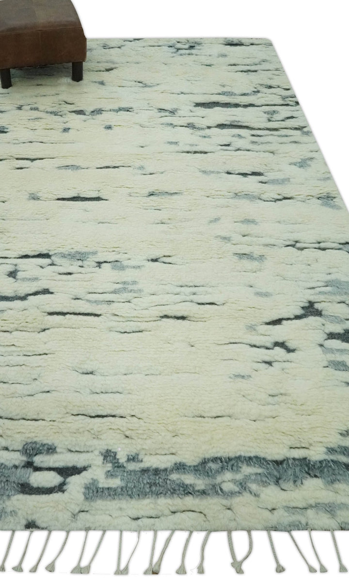 Modern Abstract Beige and Gray Hand Knotted Moroccan Style Plush Pile 5x8 wool Rug - The Rug Decor