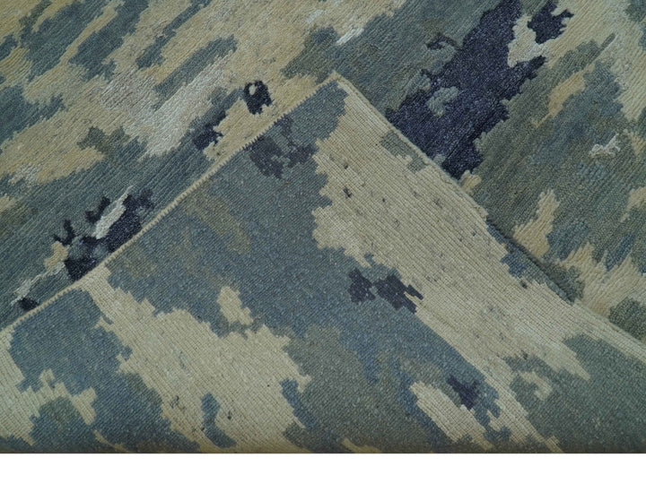 Modern Abstract Blue And Beige Hand Knotted 8x10 Wool And Bamboo Silk Rug - The Rug Decor