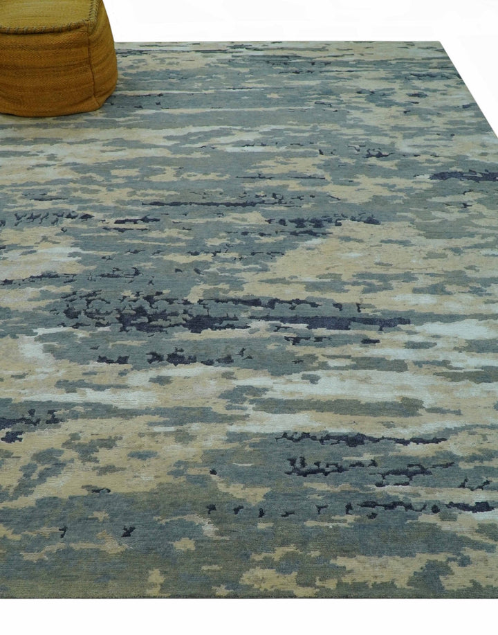 Modern Abstract Blue And Beige Hand Knotted 8x10 Wool And Bamboo Silk Rug - The Rug Decor