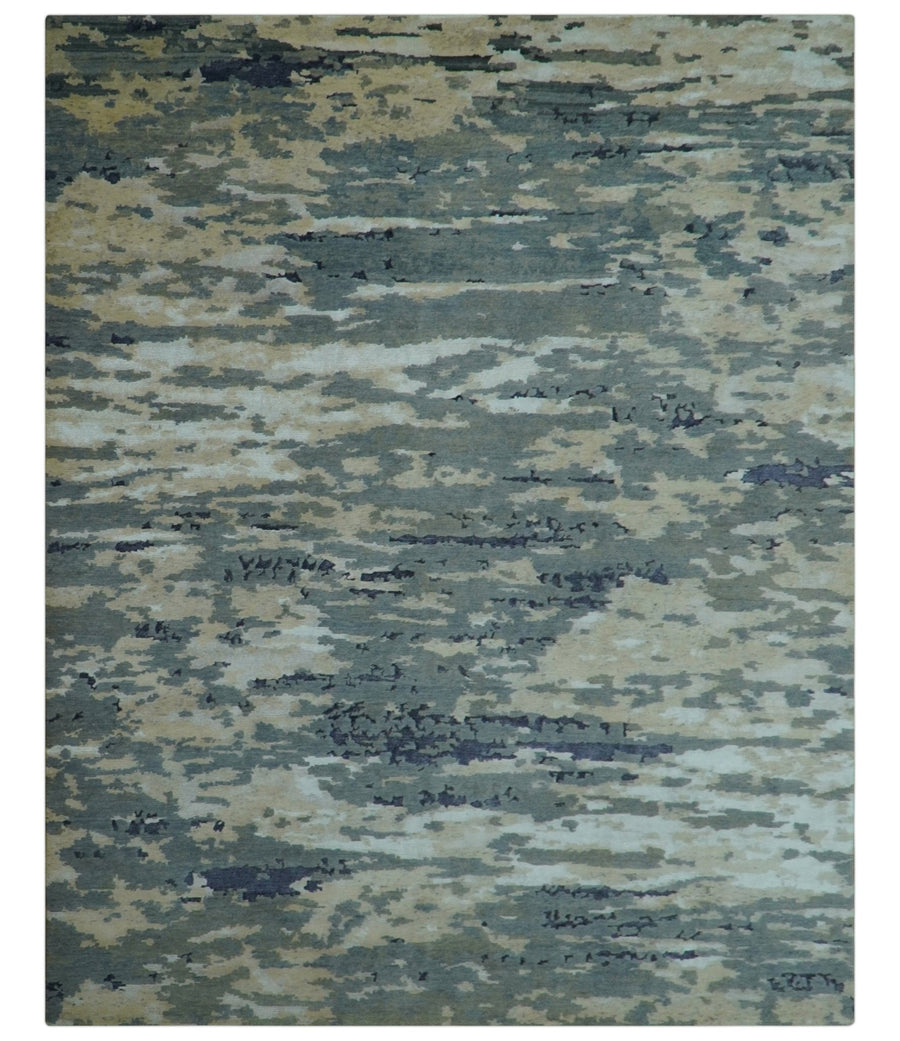 Modern Abstract Blue And Beige Hand Knotted 8x10 Wool And Bamboo Silk Rug - The Rug Decor