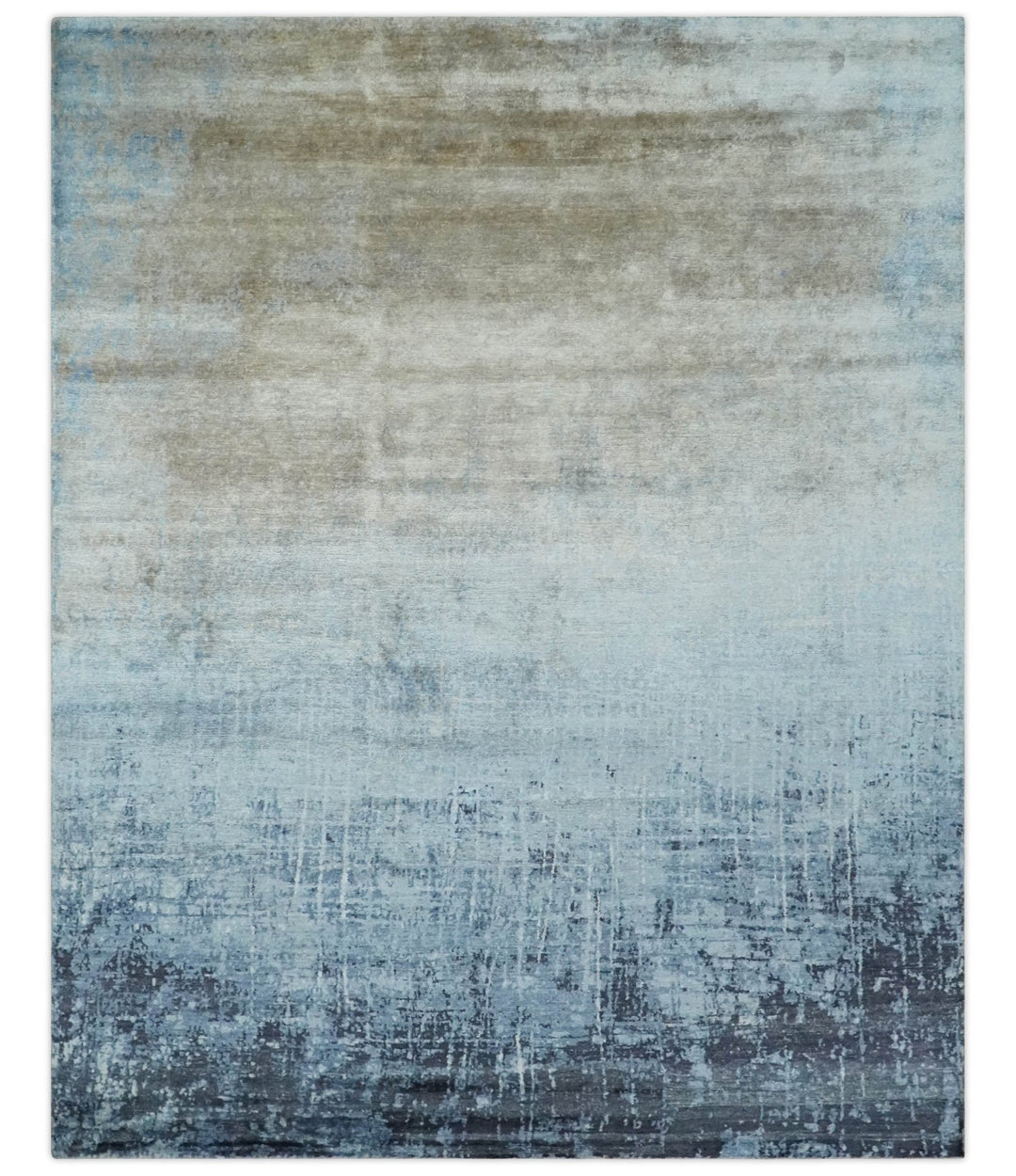 Modern abstract Blue, Aqua and Brown Hand Knotted 8x10 wool and Art silk Area Rug - The Rug Decor