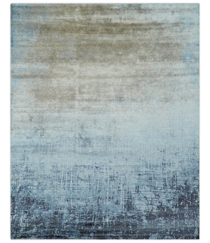 Modern abstract Blue, Aqua and Brown Hand Knotted 8x10 wool and Art silk Area Rug - The Rug Decor