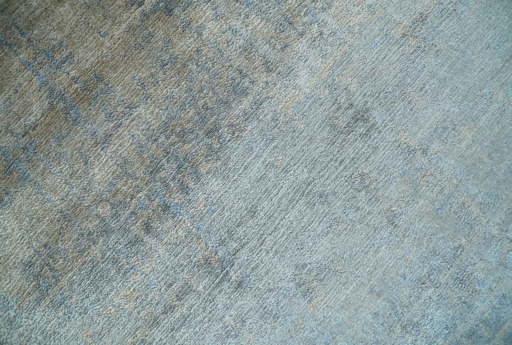 Modern abstract Blue, Aqua and Brown Hand Knotted 8x10 wool and Art silk Area Rug - The Rug Decor