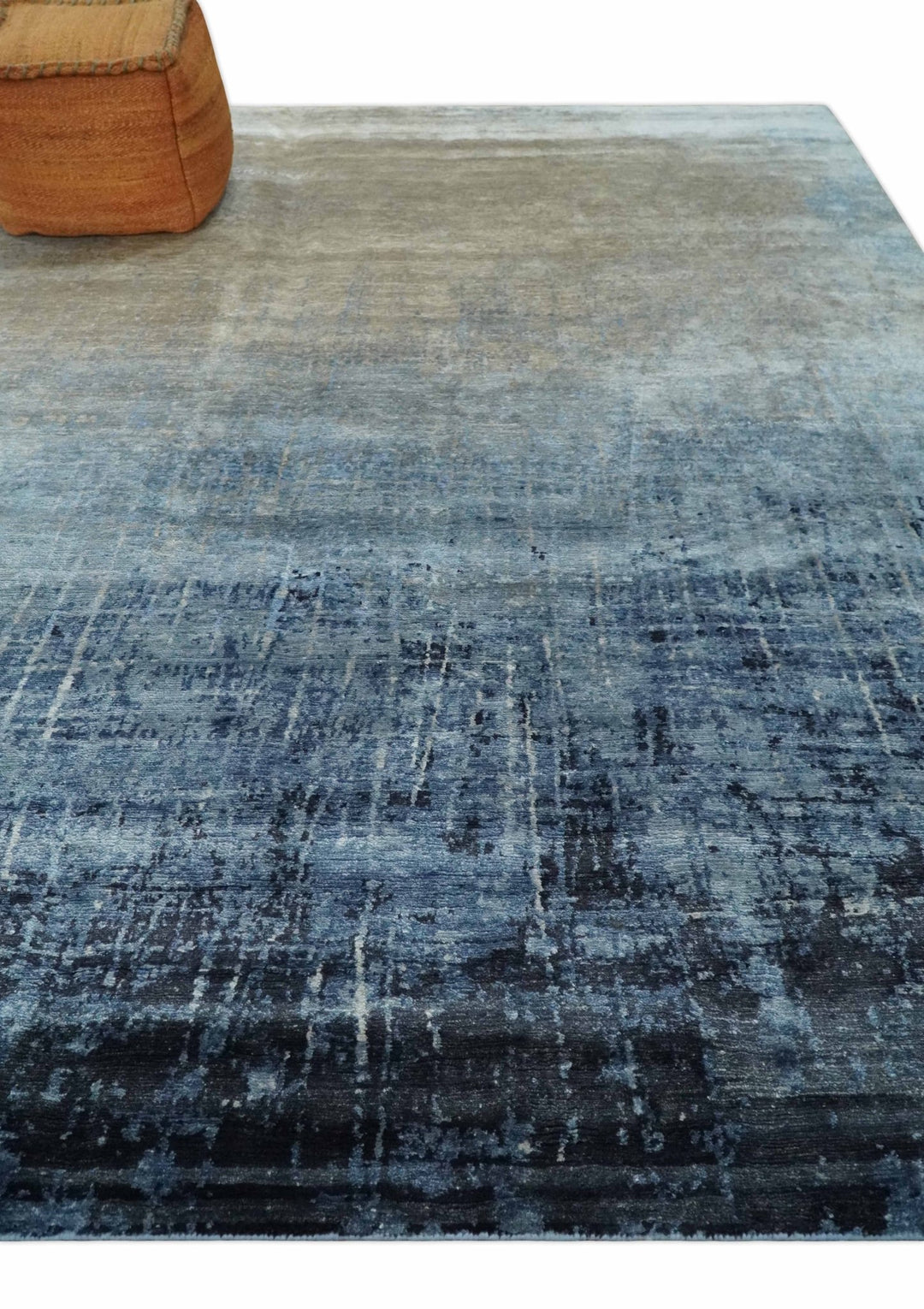 Modern abstract Blue, Aqua and Brown Hand Knotted 8x10 wool and Art silk Area Rug - The Rug Decor