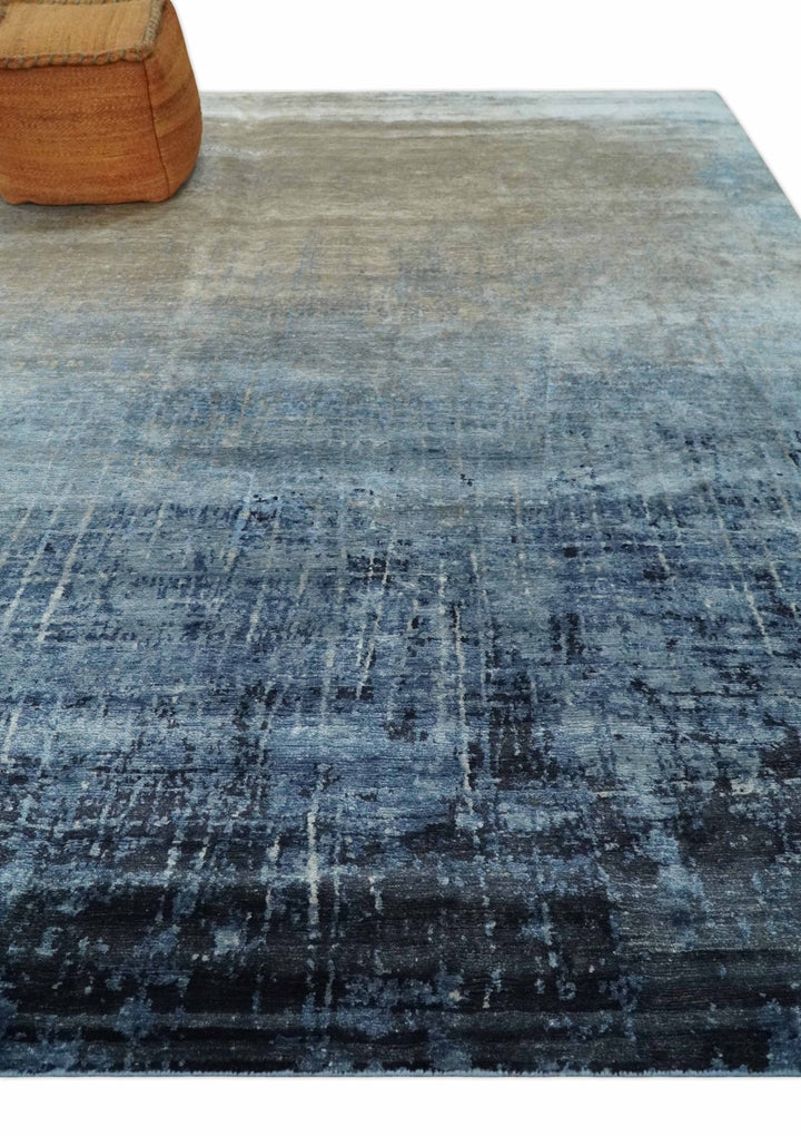 Modern abstract Blue, Aqua and Brown Hand Knotted 8x10 wool and Art silk Area Rug - The Rug Decor